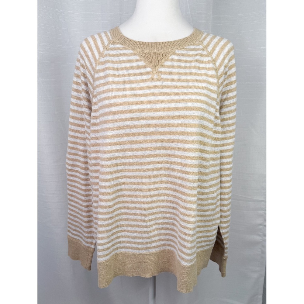 LL BEAN Women's Sweater Striped Tan White Organic Cotton XL